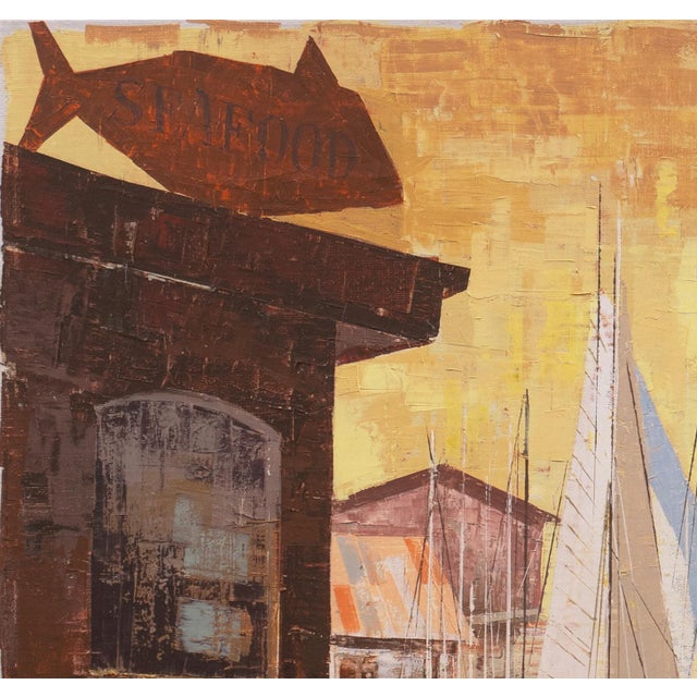 Mid-Century Modern 'Morning Sun' by Jack Wilson, San Francisco Bay Area Modernist Harbor Scene, Seascape, Seafood For Sale - Image 3 of 8