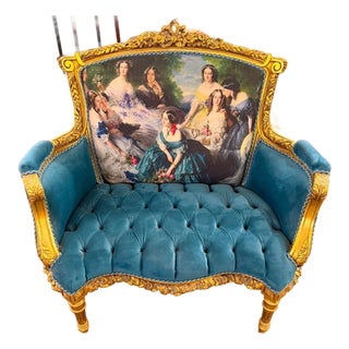 Vintage French Louis XVI Style Tuffed Bergere Victorian Armchair For Sale