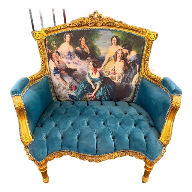 Vintage French Louis XVI Style Tuffed Bergere Victorian Armchair For Sale