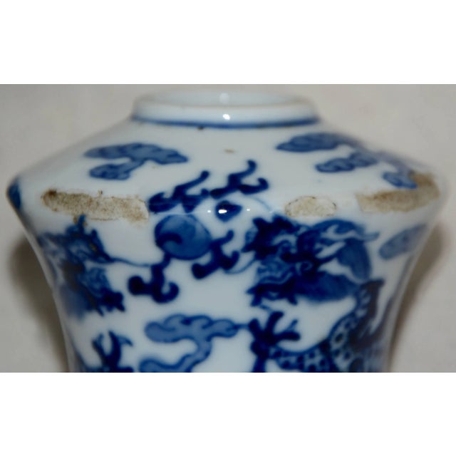 Blue and White Asian Ceramic Art Piece With Wooden Stand For Sale - Image 11 of 12