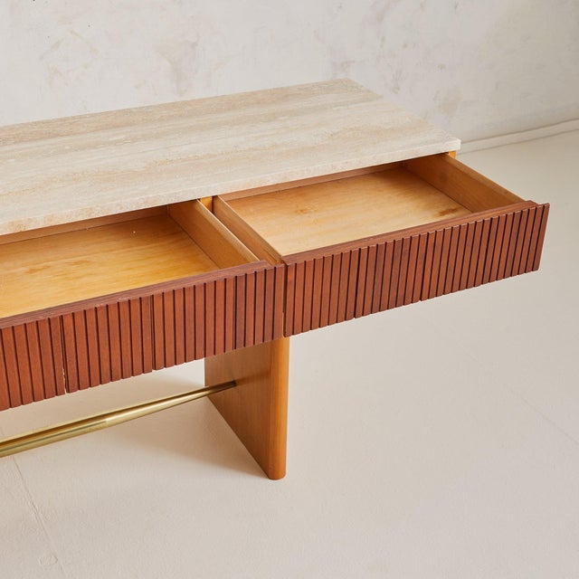 Italian Travertine + Slatted Wood Console Table with Brass Stretcher, 1970s For Sale - Image 9 of 11
