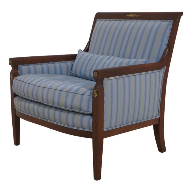 Baker French Empire Style Blue Upholstered Bergère Chair For Sale