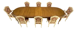 8 Carved Dining Chairs Walnut Table 3x18" Leaves Overall 132" Long Dining Set