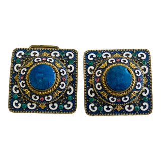 Antique Cloisonné Enamel Shoe Buckle Clip Set – Never Used – Original Box C. 1910s, 2 Pieces For Sale