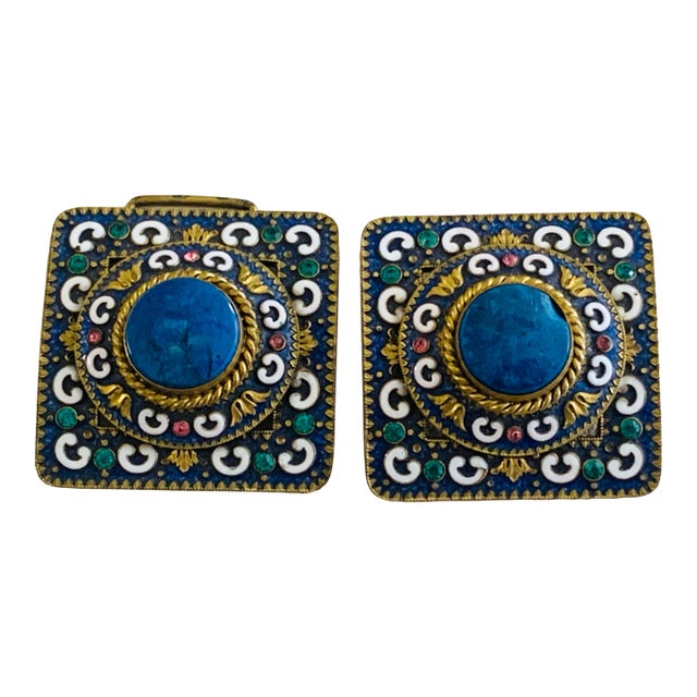 Antique Cloisonné Enamel Shoe Buckle Clip Set – Never Used – Original Box C. 1910s, 2 Pieces For Sale