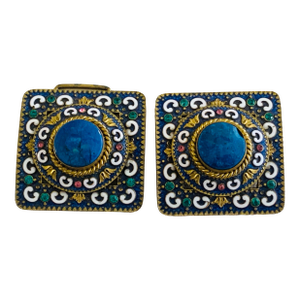 Antique Cloisonné Enamel Shoe Buckle Clip Set – Never Used – Original Box C. 1910s, 2 Pieces