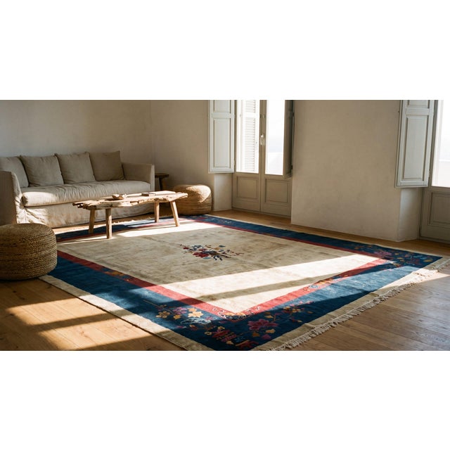 1920s Beige Floral Antique Chinese Art Deco Carpet 9'' X 11'8'' Knotted Wool Rug For Sale - Image 11 of 12