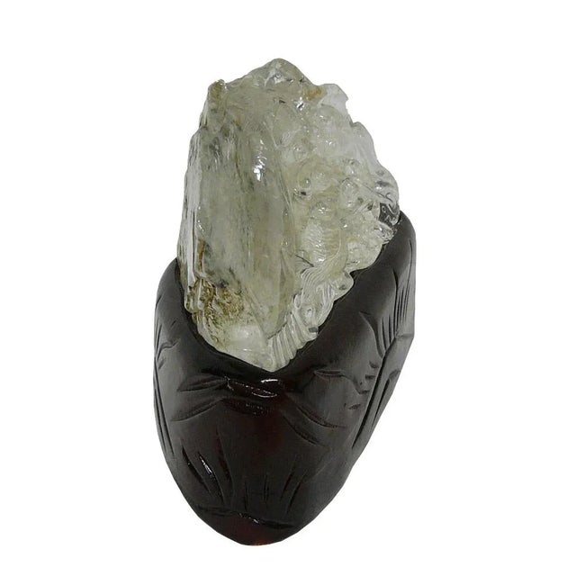 Modern Natural Clear Crystal Hand Carved Goldfish Wave Display On Wood Stand For Sale - Image 3 of 7