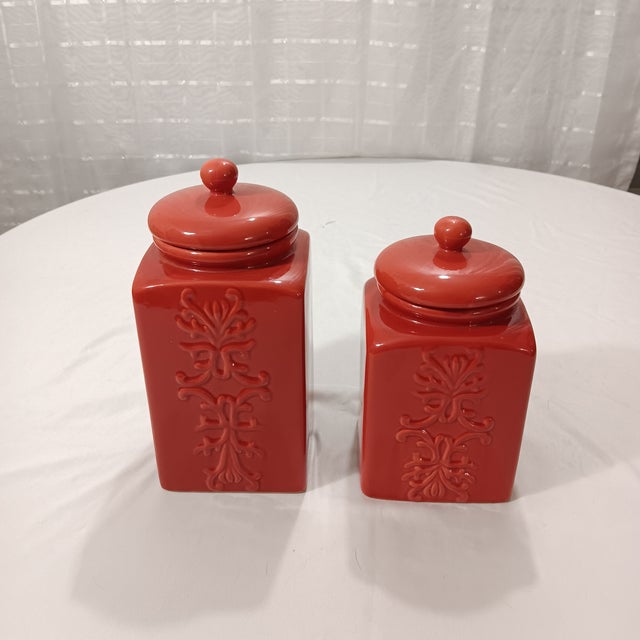 Vintage Red Ceramic Canister Jars- Set of 2 For Sale - Image 6 of 6