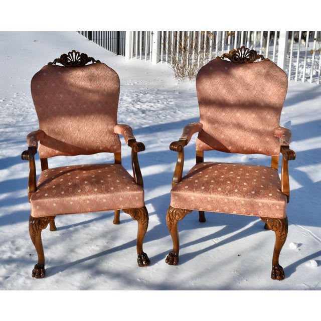 Antique Pair of Carved Walnut Italian Style Arm Chairs W/Claw Foot For Sale - Image 9 of 11