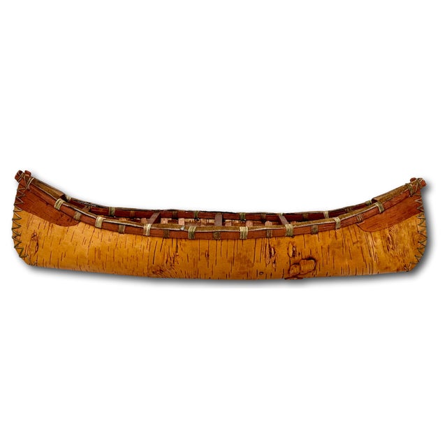 Wood Vintage Very Nicely Completely Hand Made Northeastern Maine Indian Style Birch Bark Canoe Model - Replica - 23 Inches Long For Sale - Image 7 of 18