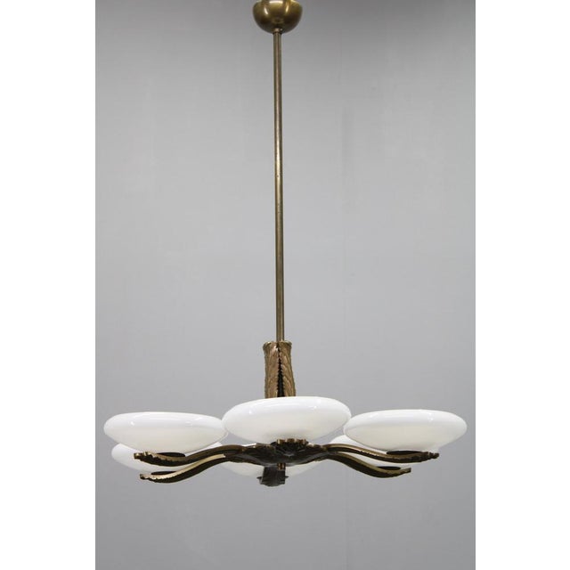 Art Deco Brass Chandelier with 6 Glass Shades, Former Czechoslovakia, 1930s For Sale - Image 3 of 16
