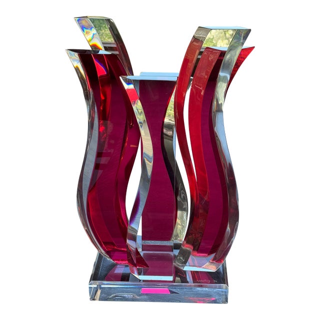 Vintage David Muniz 23" Ruby Red & Clear Lucite Art Sculpture 1996, Signed. Rare For Sale