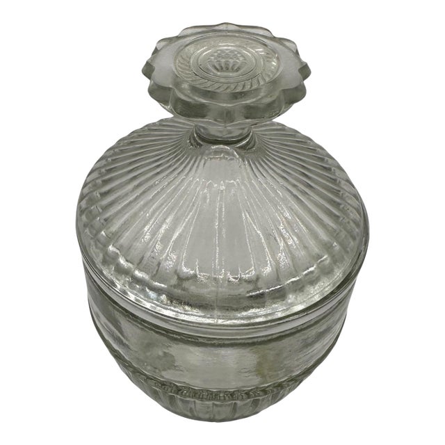 Vintage Clear Glass Lidded Vanity Jar With Ribbed Base For Sale