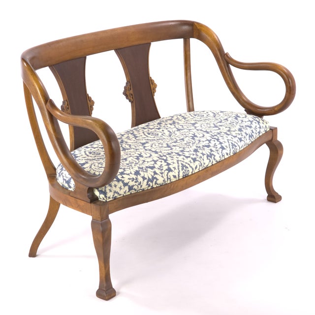 Art Nouveau Vintage Neoclassical Revival Lyre Arm Wood Settee Bench For Sale - Image 3 of 10