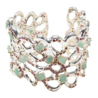 1990s Artisan Sterling Silver, Emerald, Rhodolite Garnet & Sapphire Cuff Bracelet For Sale