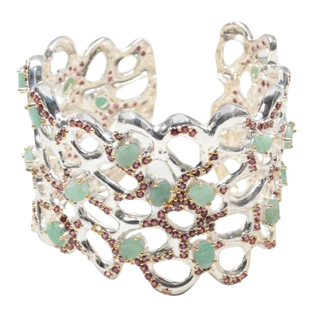 1990s Artisan Sterling Silver, Emerald, Rhodolite Garnet & Sapphire Cuff Bracelet For Sale