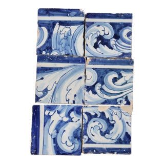 Antique 18th Century Portuguese Blue & White Baroque Tiles With Flowing Acanthus Scrollwork, Set of 6 For Sale