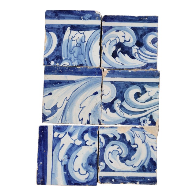 Antique 18th Century Portuguese Blue & White Baroque Tiles With Flowing Acanthus Scrollwork, Set of 6 For Sale