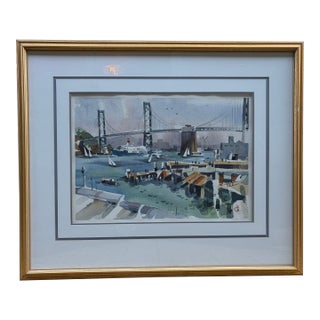 Vintage San Francisco Bay Bridge Original Watercolor in Custom Gilt Frame - Signed For Sale