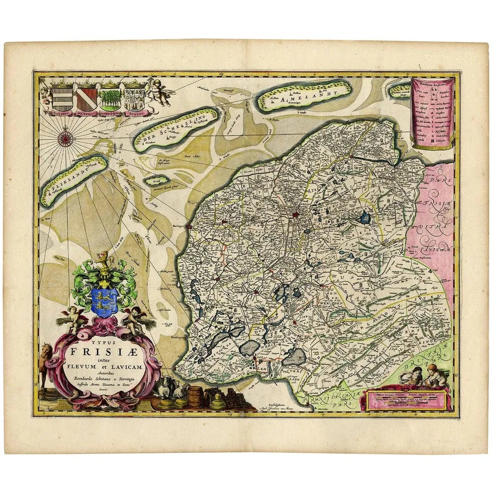 Antique Map of Friesland with 4 Coats of Arms, 1664 | Chairish