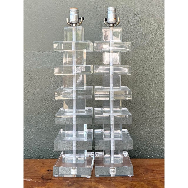 Vintage Stacked Lucite Blocks Lamps - A Pair For Sale - Image 11 of 12