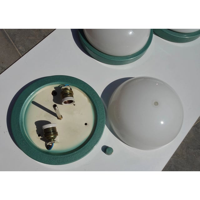Green Industrial Metalic Green Lacquered Ceiling Lamp in White Opaline Glass, 1940s For Sale - Image 8 of 12