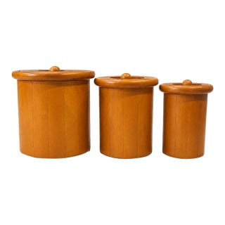 Vintage Scandinavian Style Turned Wood Canister Set – Set of 3 Danish Modern Kitchen Containers For Sale