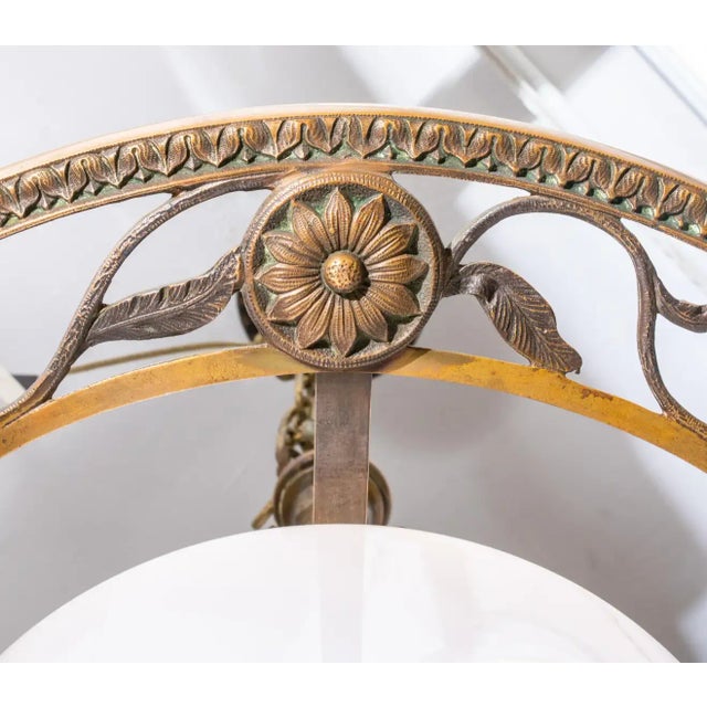 Arts & Crafts Antique Arts and Crafts Schoolhouse Bronze Fixture With Milk Glass Shade For Sale - Image 3 of 6