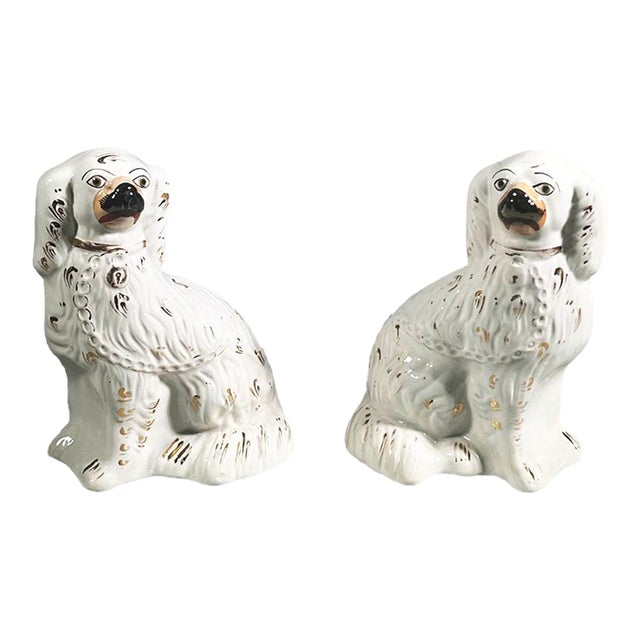 Antique 19th Century English Victorian Staffordshire Pottery Spaniel Dogs - A Pair For Sale