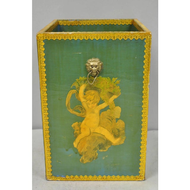 Vintage Italian Venetian Decoupage Green Gold Papier Mache Wastebasket Trash Can For Sale - Image 14 of 18