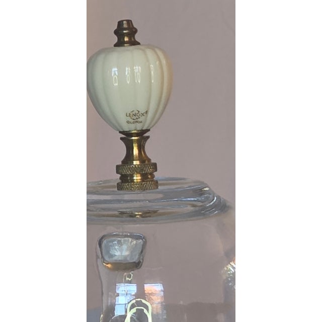 1980s Vintage Lenox Floral Porcelain Table Lamps With Brass Accents and Pleated Shades - Pair For Sale - Image 5 of 8