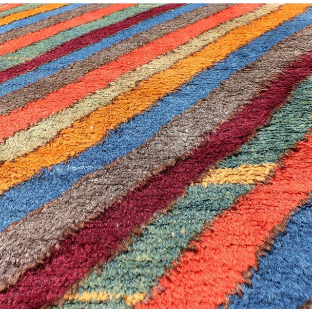 Mid 20th Century Colorful Vintage Turkish Tulu Rug With Horizontal Stripes and Fine Wool For Sale - Image 5 of 7