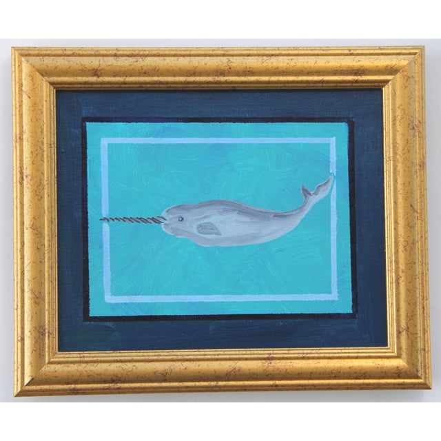 Whale Painting on ocean blue background. Traditional, Minimalism, Folk Art, Pop Art, coastal, nautical. Framed in a...