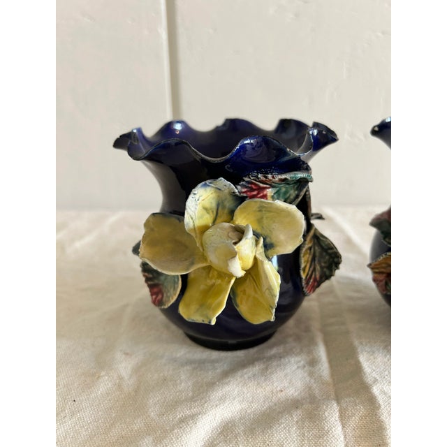 Mid-Century Modern Pair, Antique French Barbotine Majolica Vase Applied Rose Vases For Sale - Image 3 of 8