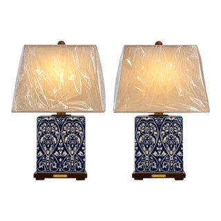 Mid 20th Century Ralph Lauren Cobalt Blue & White Chinoiserie Ceramic Table Lamps – Pair For Sale