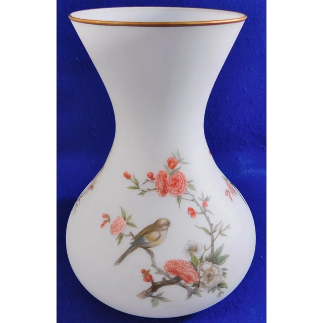 Metal Large Vintage Pink & White Satin Glass Birds & Flowers Gold Trim Flower Vase For Sale - Image 7 of 10