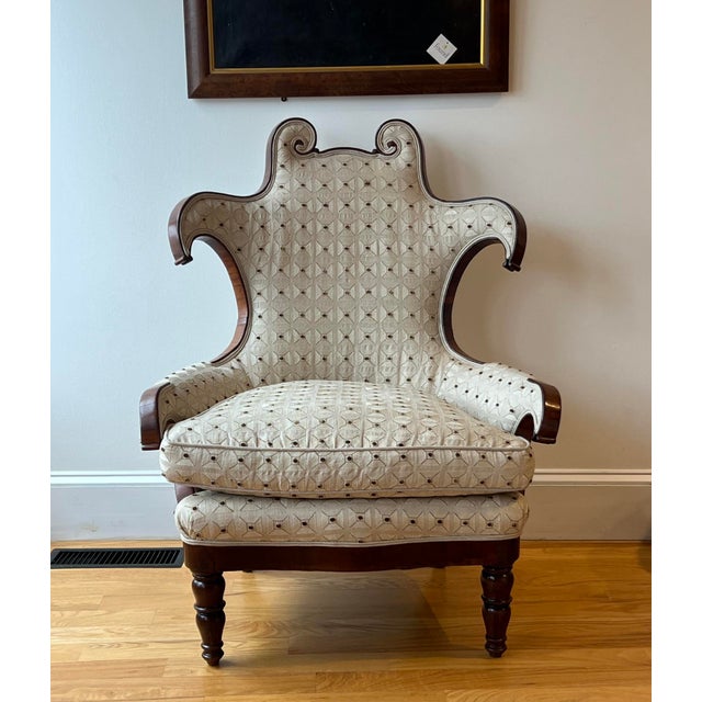 Antique Scroll-Crest Upholstered Armchair in Mahogany Frame For Sale - Image 10 of 10