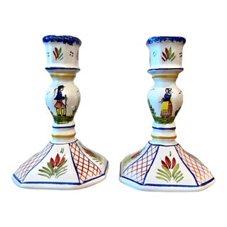 Pair of Vintage Henriot Quimper French Faience Candlestick Holders For Sale