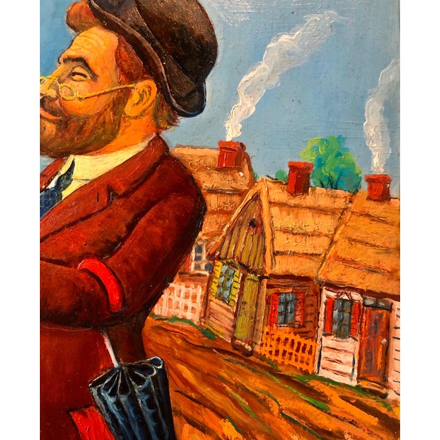 Paint Maurice Kish, Whimsical Judaica Shtetl Shadchan Matchmaker Oil Painting WPA Jewish Folk Artist, 20th.c For Sale - Image 7 of 9