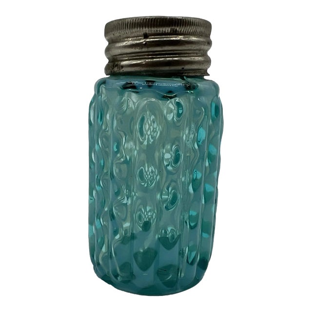 Antique Blue Lattice Blown Glass Salt or Pepper Shaker by Northwood, Circa 1890-1910's For Sale