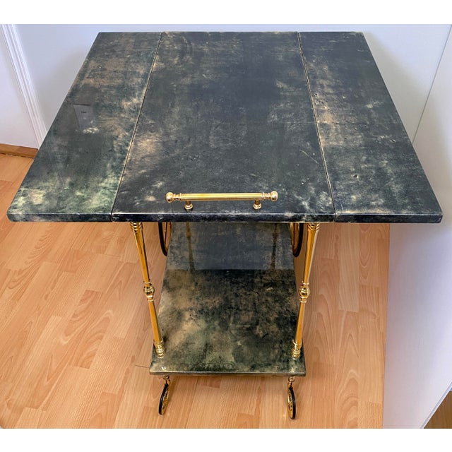 Aldo Tura Green Lacquered Goatskin Bar Cart, Brass Two-Tier Folding Drinks Trolley, Italy 1960s For Sale - Image 9 of 17