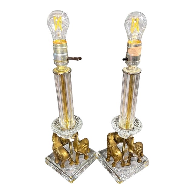 Vintage Brass Elephant Table Lamps Pair Crystal Glass Hollywood Regency - a Pair For Sale