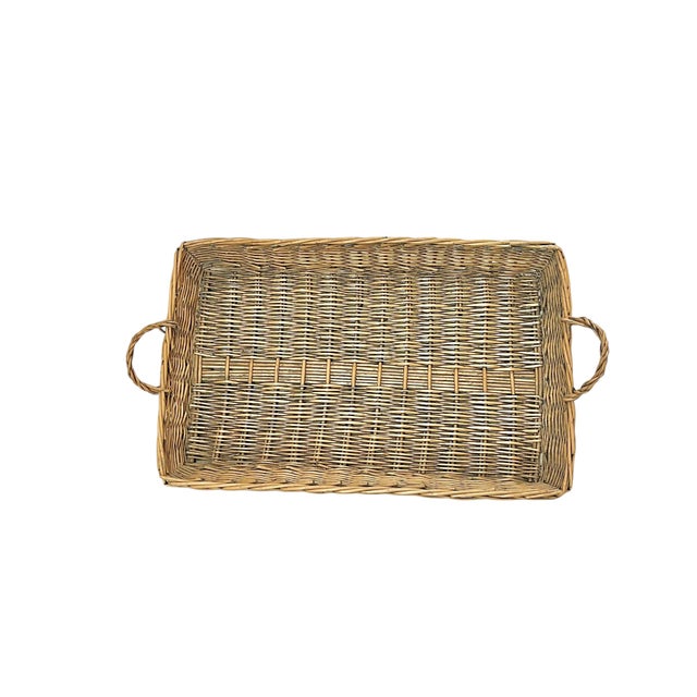 Vintage large size French wicker gallery tray with two handles. Has a darker stain back. Sourced in France.