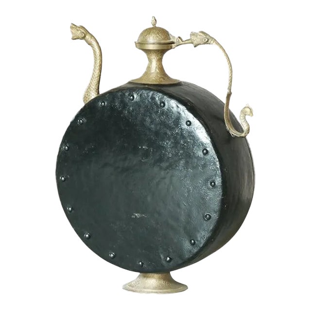 Vintage Large Metal Vessel With Spout | Iron Brass Decorative Indian Surahi | 25" Tall Accent Decor | Boho Eclectic Table Decoration For Sale