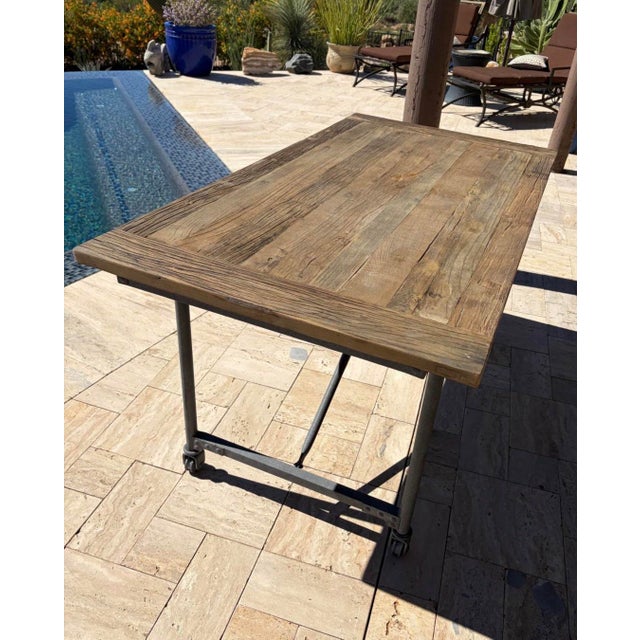 English Vintage 60” Salvaged Solid Wood and Cast Iron Dining Table From Retired Restoration Hardware Collection For Sale - Image 3 of 3