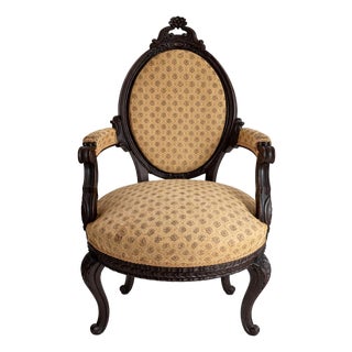 19th Century Victorian Carved Walnut Upholstered Armchair For Sale