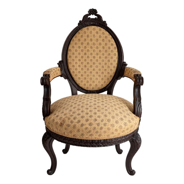 19th Century Victorian Carved Walnut Upholstered Armchair For Sale