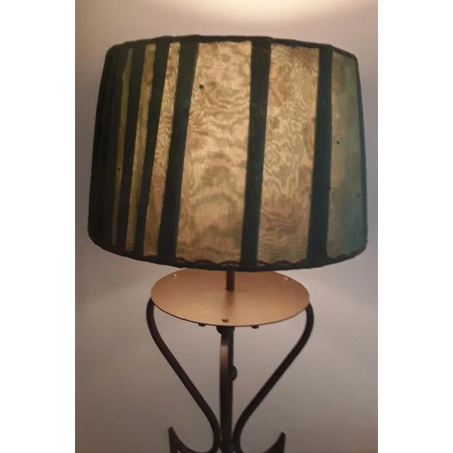 Metal Vintage Floor Lamp with Filigree Iron Frame and Handmade Green Fabric Shade, 1980s For Sale - Image 7 of 9