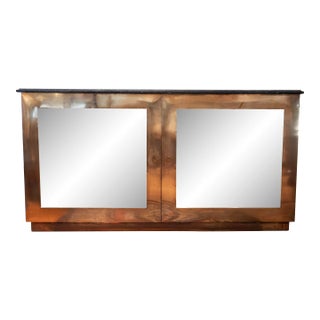 French Brass Credenza With Beveled Mirror Front and Marble Top For Sale
